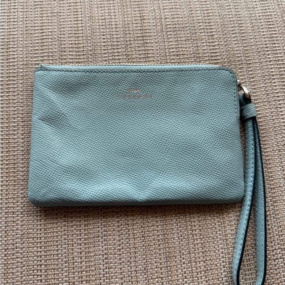 Coach Teal Green Pebbled Leather Wristlet Clutch